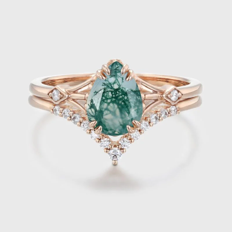 Pear shape Natural Moss Agate engagement ring set Vintage rose gold moissanite engagement ring Unique diamond ring Bridal set Anniversary gift