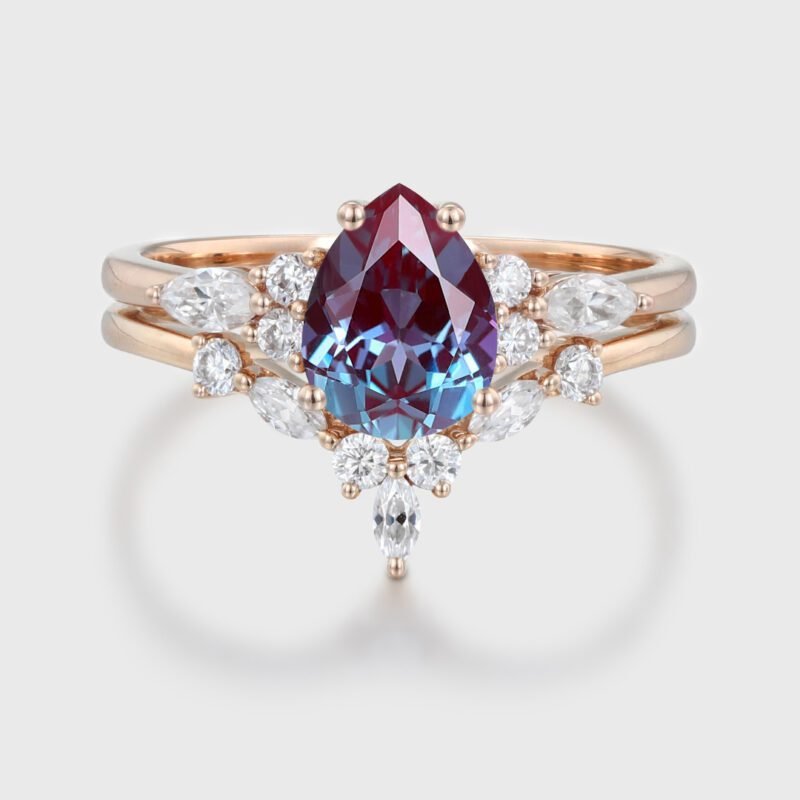 Pear Shaped 8x6mm Alexandrite Wedding Ring Set Vintage 14K Rose Gold Engagement Bridal Anniversary