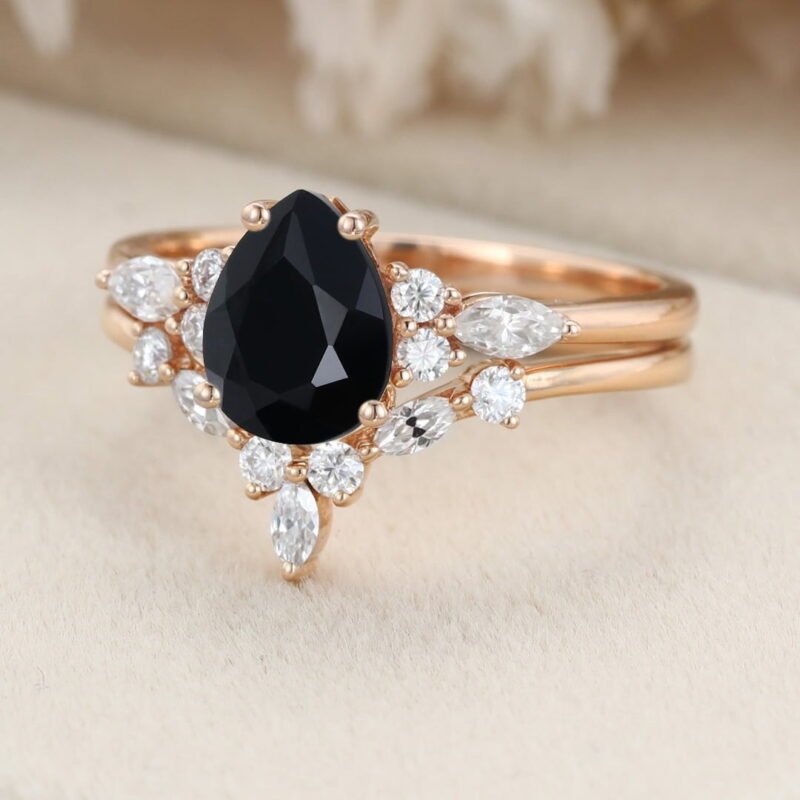 Pear shaped Black Onyx engagement ring set Vintage Rose gold Marquise Moissanite engagement ring wedding Bridal Anniversary gift for her