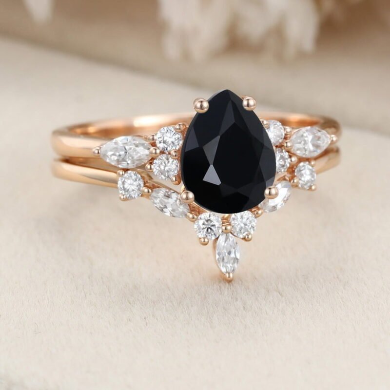 Pear shaped Black Onyx engagement ring set Vintage Rose gold Marquise Moissanite engagement ring wedding Bridal Anniversary gift for her