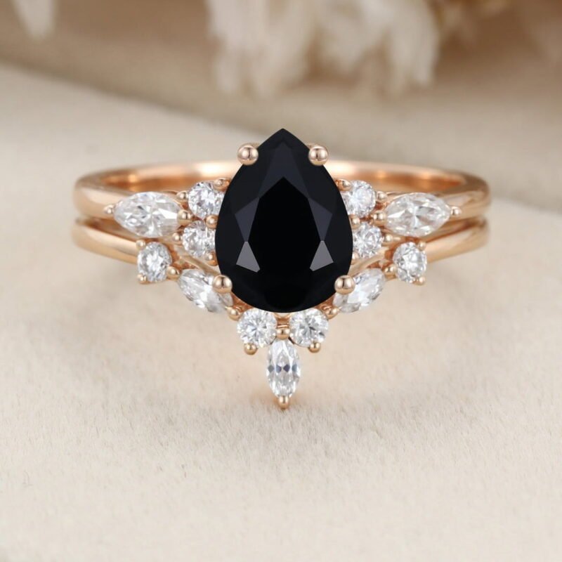 Pear shaped Black Onyx engagement ring set Vintage Rose gold Marquise Moissanite engagement ring wedding Bridal Anniversary gift for her