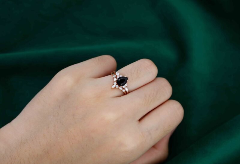 Pear shaped Black Onyx engagement ring set Vintage Rose gold Marquise Moissanite engagement ring wedding Bridal Anniversary gift for her