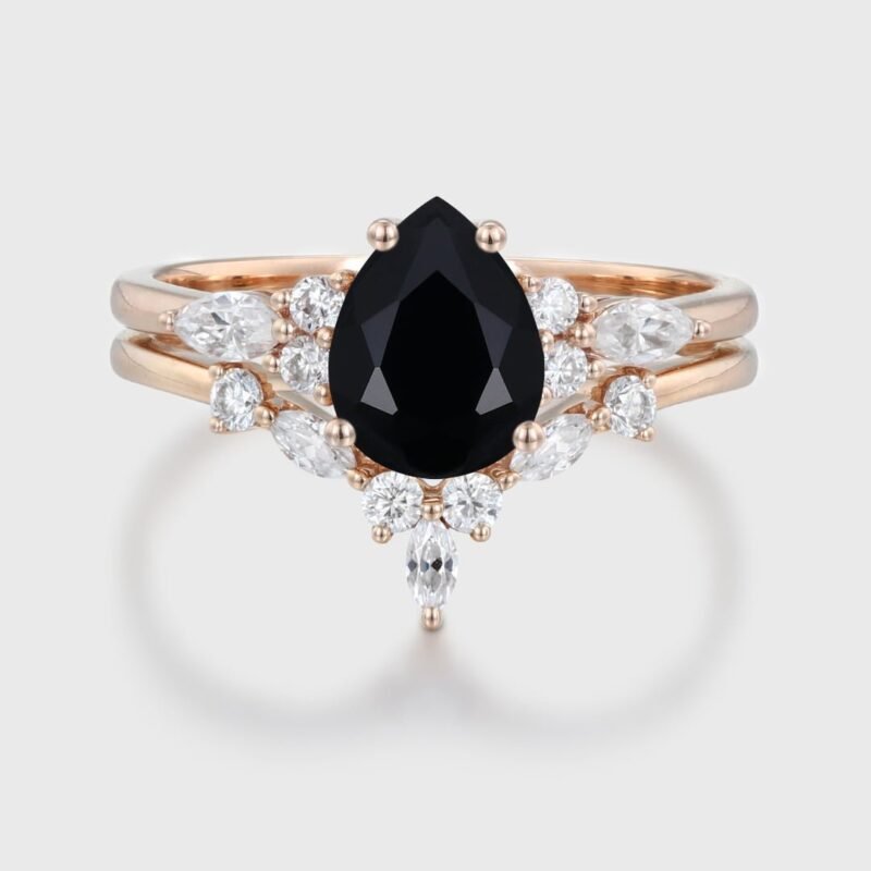 Pear shaped Black Onyx engagement ring set Vintage Rose gold Marquise Moissanite engagement ring wedding Bridal Anniversary gift for her