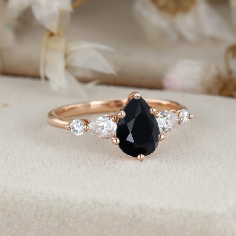 Pear shaped Black Onyx engagement ring unique vintage Rose gold engagement ring Cluster diamond wedding ring Bridal Promise Anniversary gift