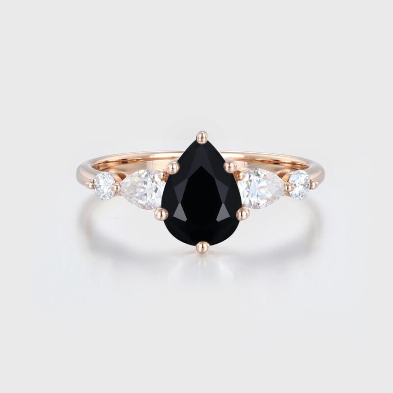 Pear shaped Black Onyx engagement ring unique vintage Rose gold engagement ring Cluster diamond wedding ring Bridal Promise Anniversary gift