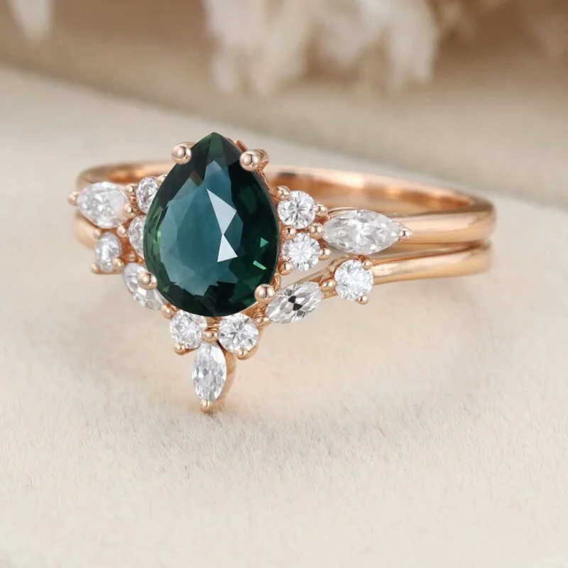 Pear shaped Blue green sapphire engagement ring set Rose gold Marquise Moissanite ring art deco engagement ring Promise Anniversary gift