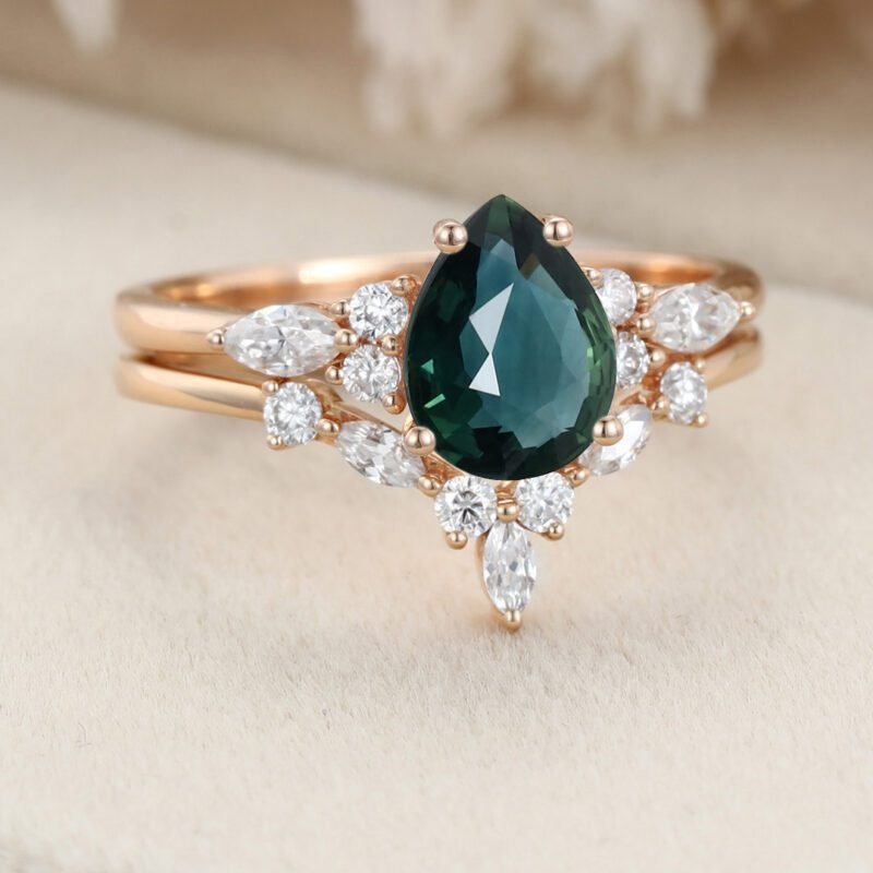 Pear shaped Blue green sapphire engagement ring set Rose gold Marquise Moissanite ring art deco engagement ring Promise Anniversary gift