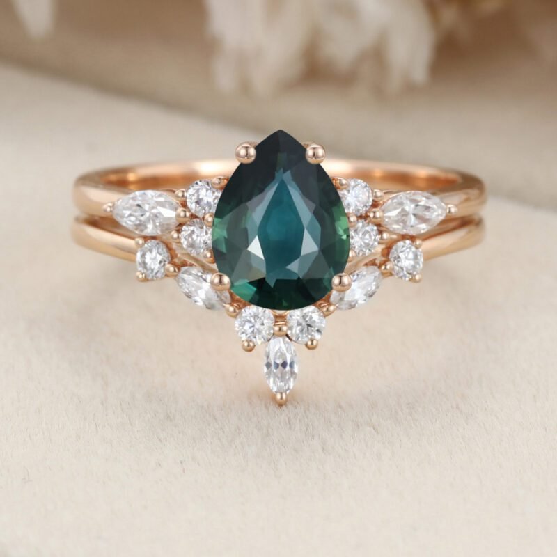 Pear shaped Blue green sapphire engagement ring set Rose gold Marquise Moissanite ring art deco engagement ring Promise Anniversary gift