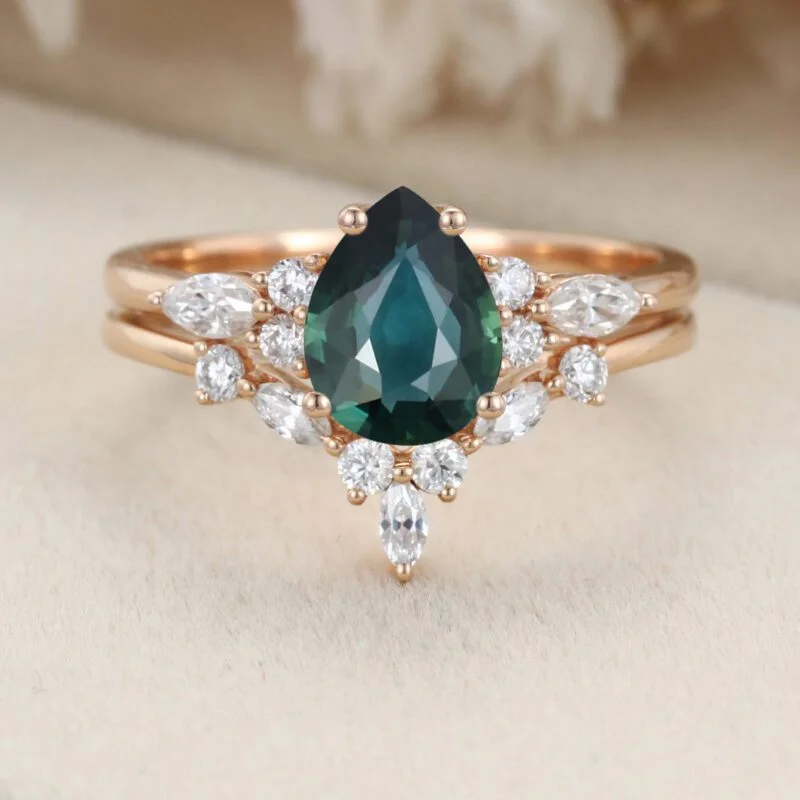 Pear shaped Blue green sapphire engagement ring set Rose gold Marquise Moissanite ring art deco engagement ring Promise Anniversary gift