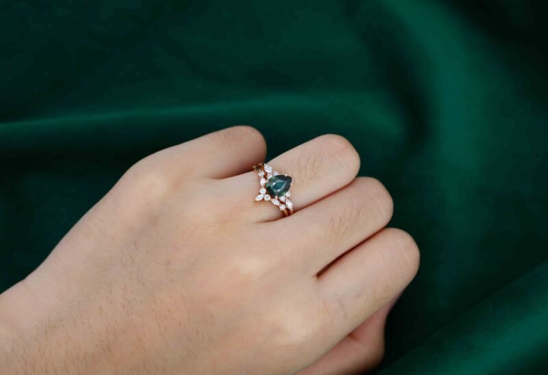 Pear shaped Blue green sapphire engagement ring set Rose gold Marquise Moissanite ring art deco engagement ring Promise Anniversary gift