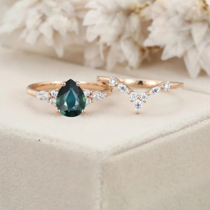 Pear shaped Blue green sapphire engagement ring set Rose gold Marquise Moissanite ring art deco engagement ring Promise Anniversary gift