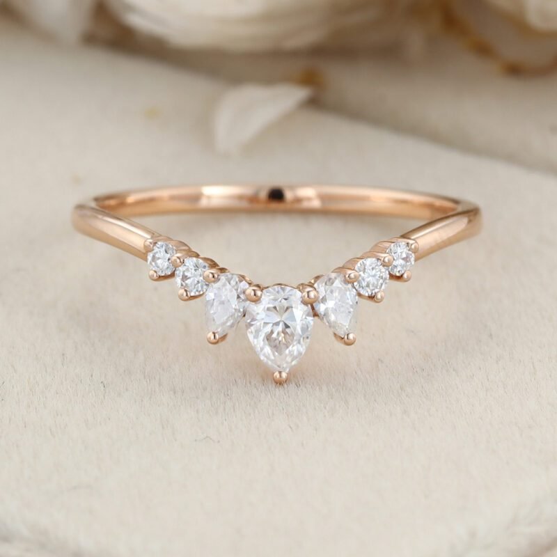 Pear shaped Curved wedding ring Diamond wedding band Unique Rose gold Moissanite wedding band matching band Bridal promise Anniversary gift
