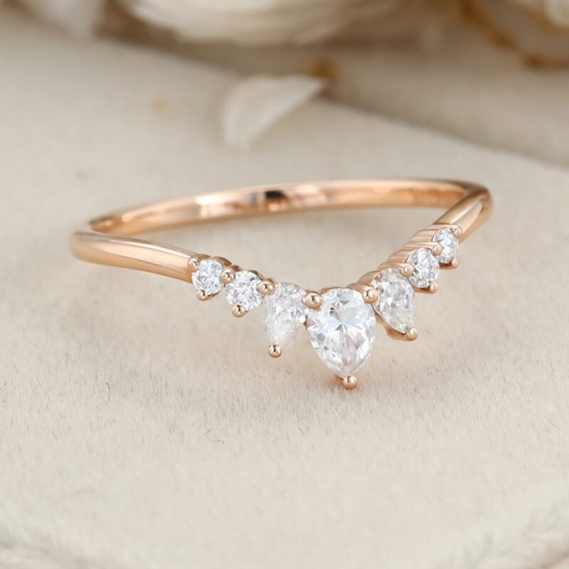 Pear shaped Curved wedding ring Diamond wedding band Unique Rose gold Moissanite wedding band matching band Bridal promise Anniversary gift