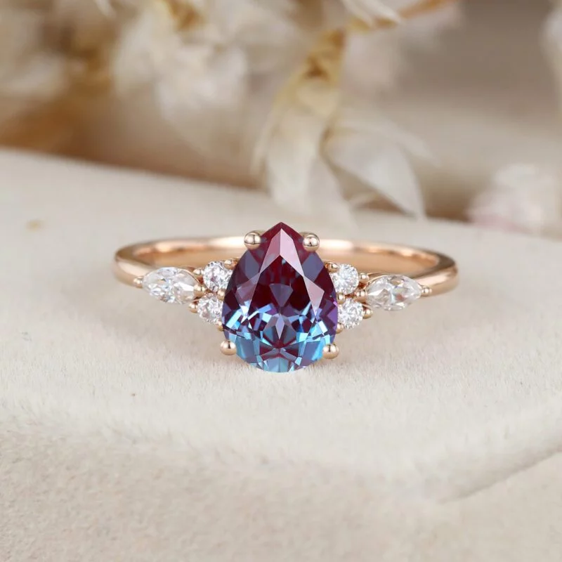 1.5ct Oval Alexandrite engagement ring Vintage Rose gold cluster engagement ring Moissanite Marquise Bridal promise ring Anniversary gift