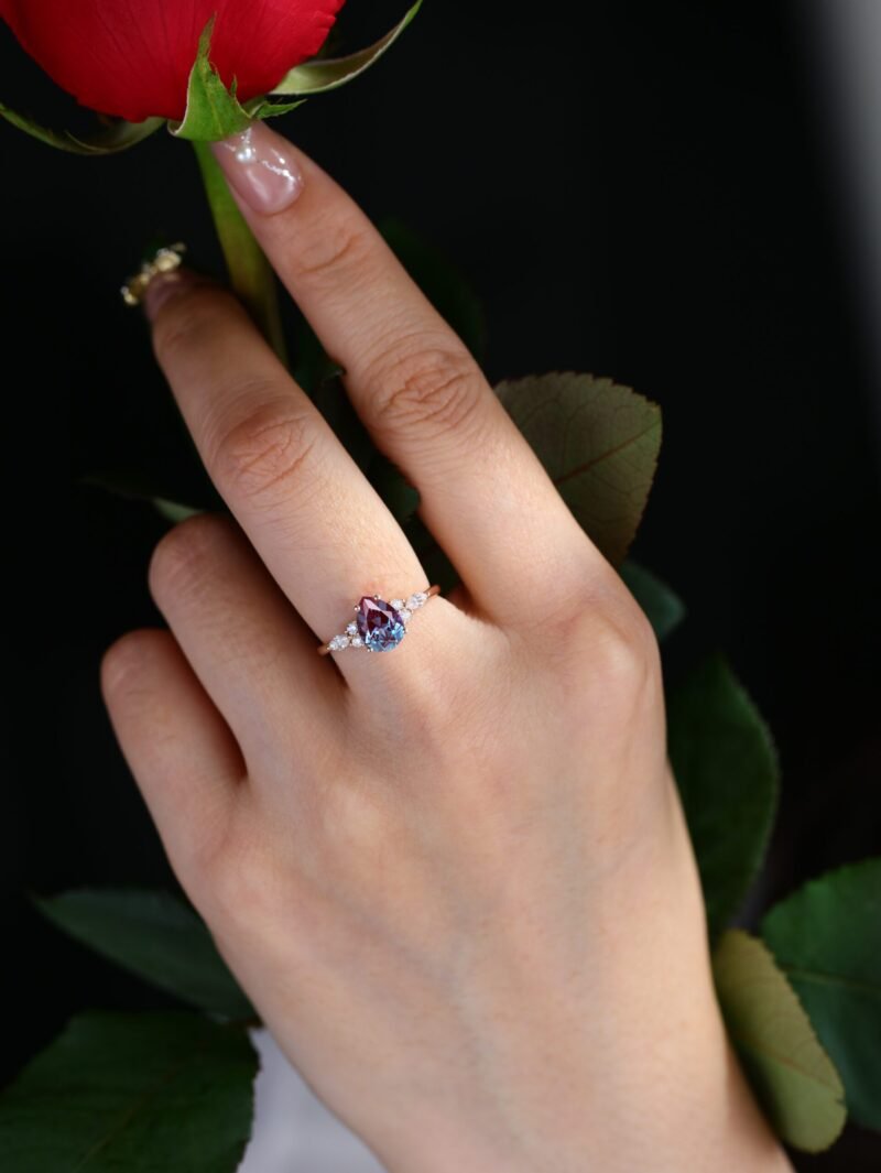 1.5ct Oval Alexandrite engagement ring Vintage Rose gold cluster engagement ring Moissanite Marquise Bridal promise ring Anniversary gift