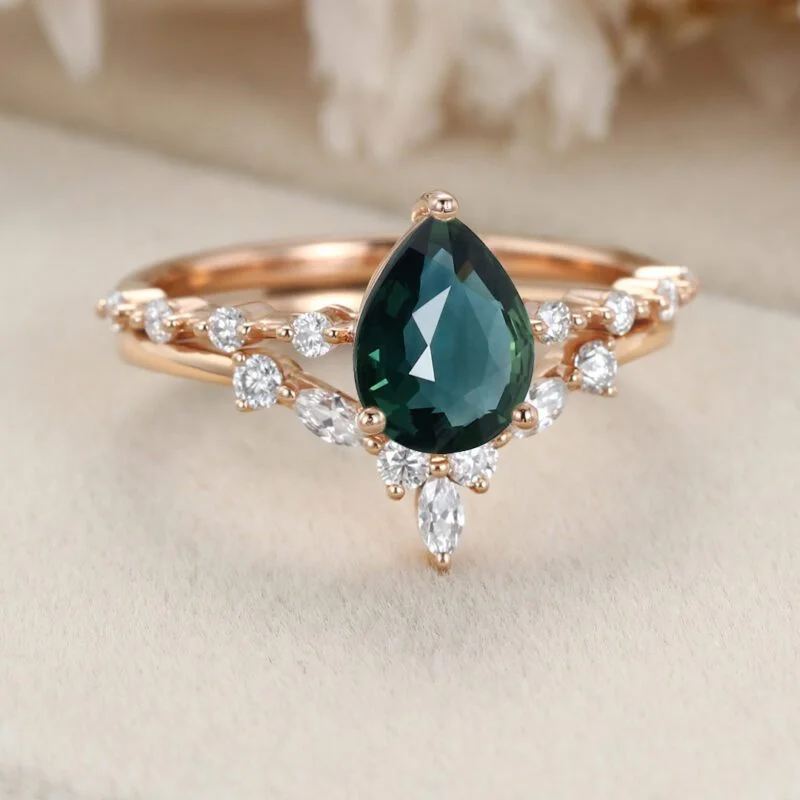 Pear shaped Lab Blue green sapphire engagement ring set Rose gold moissanite engagement ring unique marquise cluster ring promise Anniversary gift