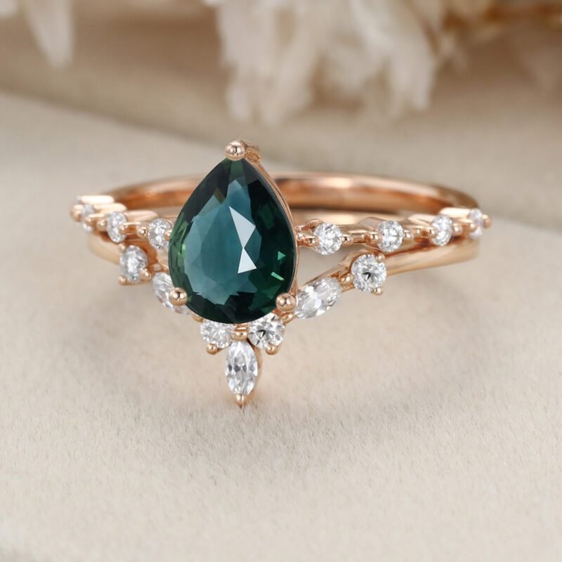 Pear shaped Lab Blue green sapphire engagement ring set Rose gold moissanite engagement ring unique marquise cluster ring promise Anniversary gift