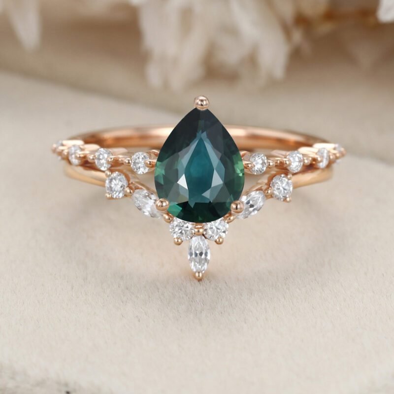 Pear shaped Lab Blue green sapphire engagement ring set Rose gold moissanite engagement ring unique marquise cluster ring promise Anniversary gift