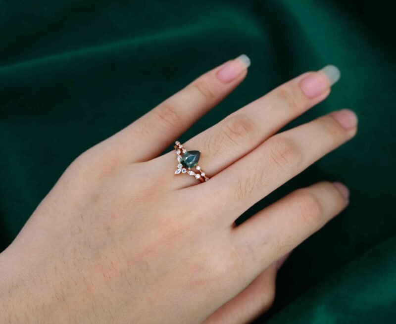 Pear shaped Lab Blue green sapphire engagement ring set Rose gold moissanite engagement ring unique marquise cluster ring promise Anniversary gift