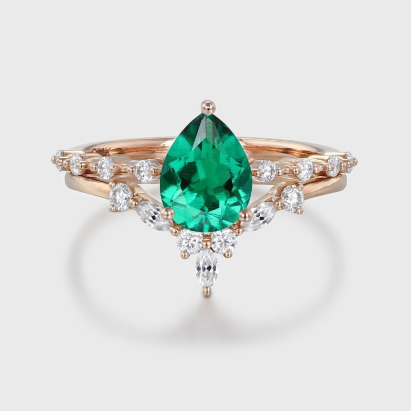 Pear shaped Lab Emerald engagement ring set Rose gold moissanite engagement ring vintage marquise cluster diamond ring Bridal set Promise Anniversary