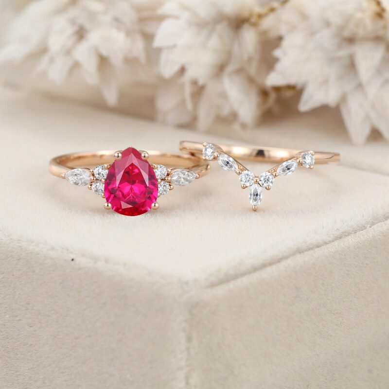 Pear shaped Lab Ruby engagement ring set Vintage 14K Rose gold Marquise Moissanite engagement ring wedding Bridal Anniversary gift for her