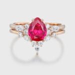 Pear Shaped Lab Ruby And Moissanite Bridal Ring Set Vintage 14k Rose Gold Wedding Engagement Anniversary Gift For Her