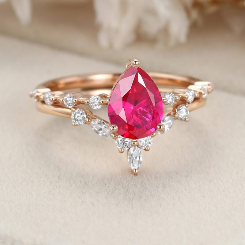 Pear shaped Lab Ruby engagement ring set Vintage Rose gold moissanite engagement ring unique marquise cluster ring promise Anniversary gift