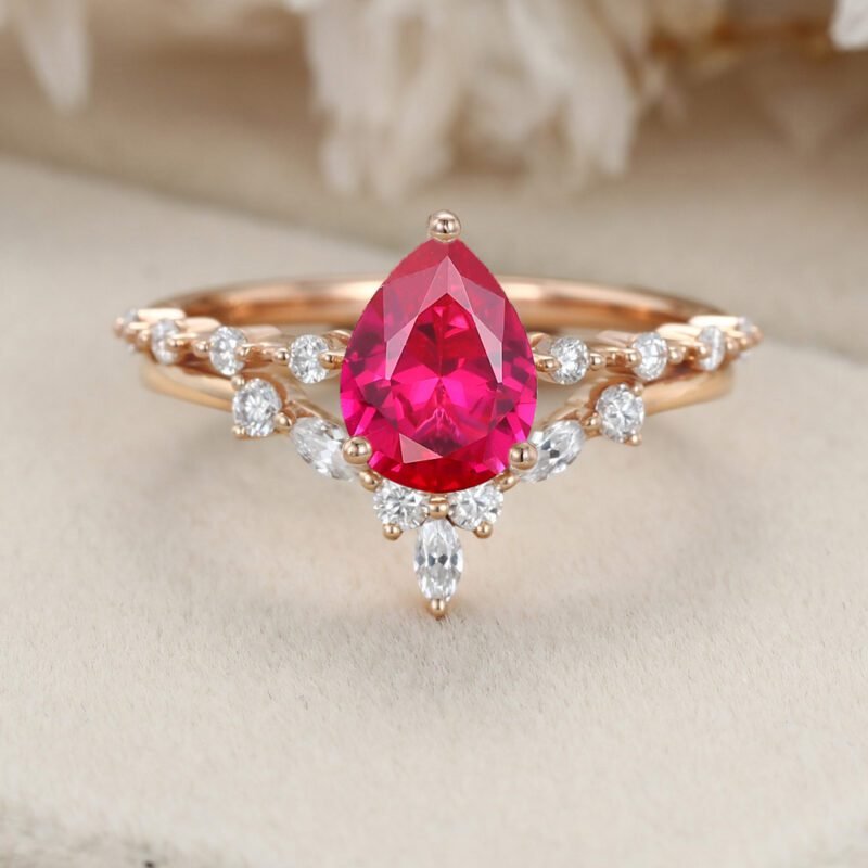 Pear shaped Lab Ruby engagement ring set Vintage Rose gold moissanite engagement ring unique marquise cluster ring promise Anniversary gift