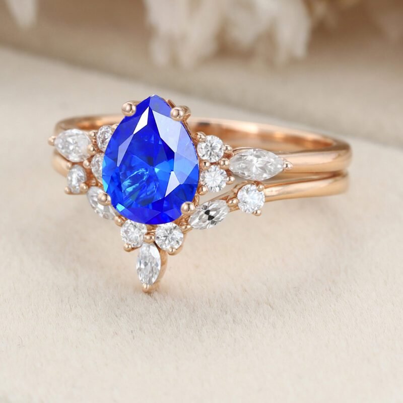 Pear shaped Lab Sapphire engagement ring set Vintage 14K Rose gold Marquise Moissanite engagement ring diamond ring Art Deco Bridal Anniversary gift