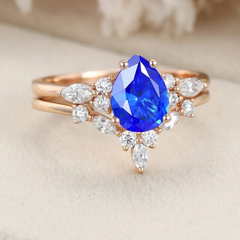 Pear shaped Lab Sapphire engagement ring set Vintage 14K Rose gold Marquise Moissanite engagement ring diamond ring Art Deco Bridal Anniversary gift