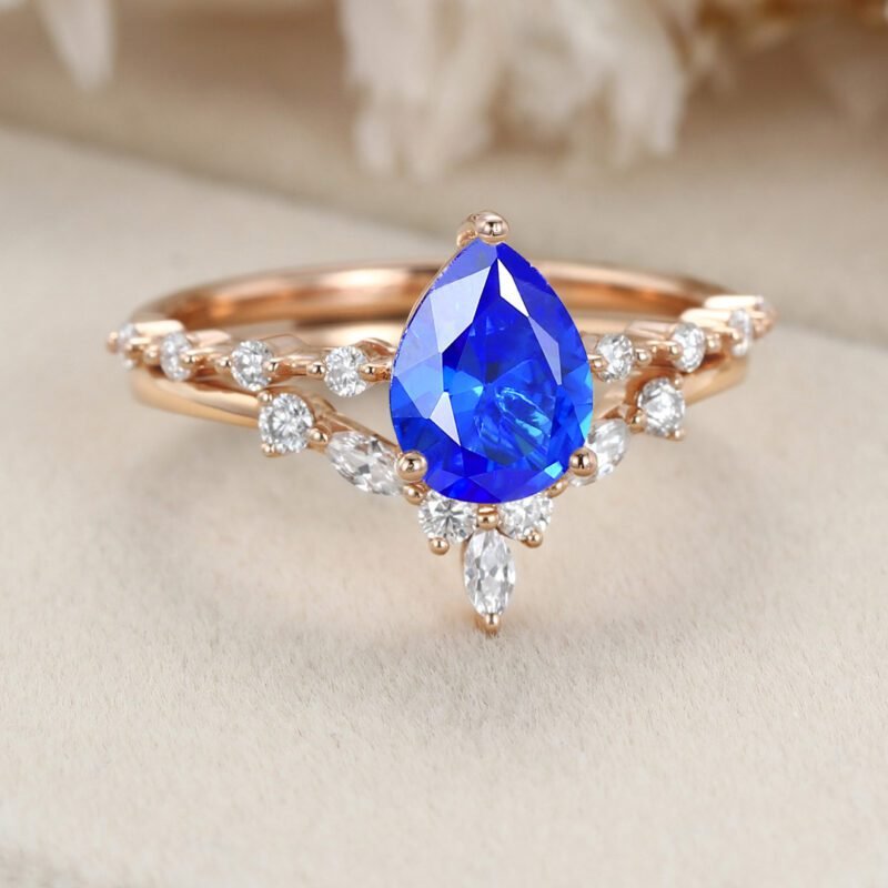 Pear shaped Lab Sapphire engagement ring set Vintage Rose gold moissanite engagement ring unique marquise cluster ring promise Anniversary gift