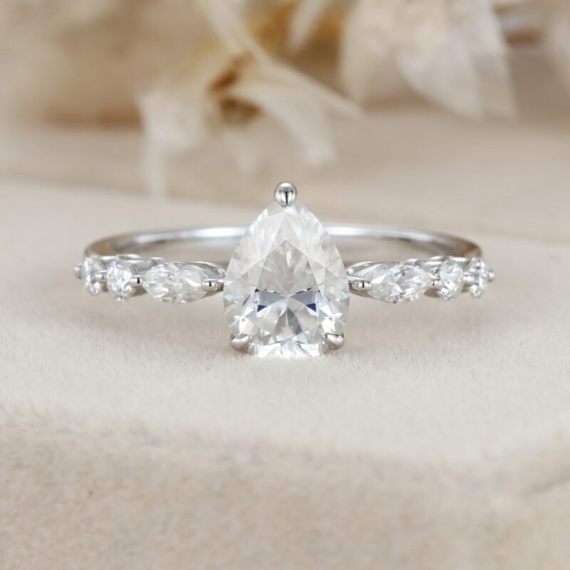 Pear shaped Moissanite engagement ring Vintage White gold engagement ring Marquise diamond ring promise ring Anniversary gift ring