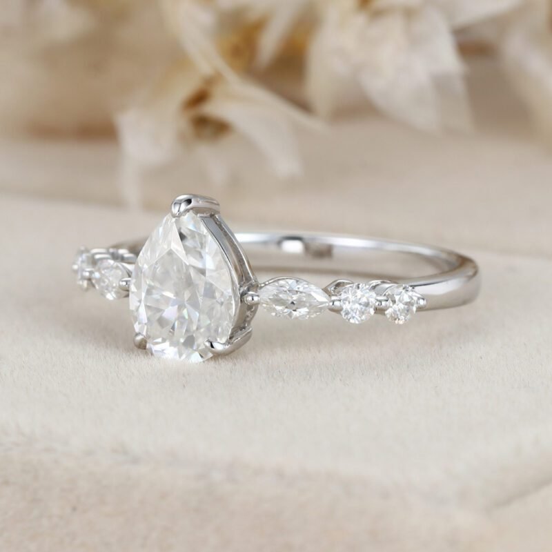 Pear shaped Moissanite engagement ring Vintage White gold engagement ring Marquise diamond ring promise ring Anniversary gift ring