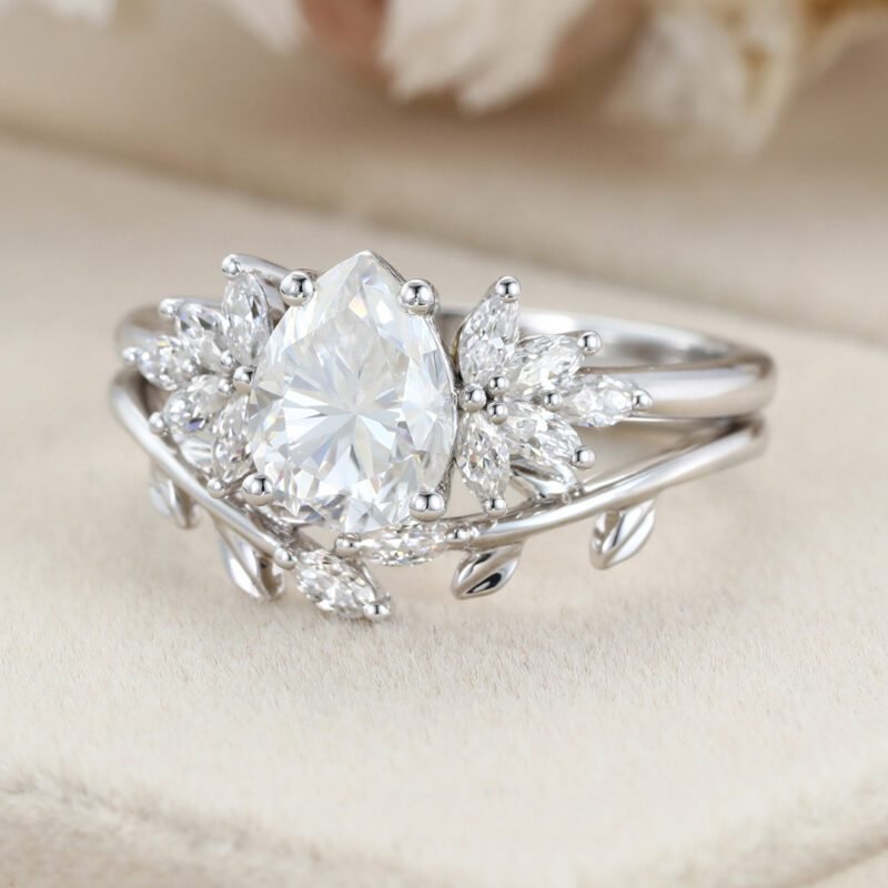 Pear shaped Moissanite engagement ring set Women white gold engagement ring Vintage marquise cluster engagement ring Bridal Promise gift