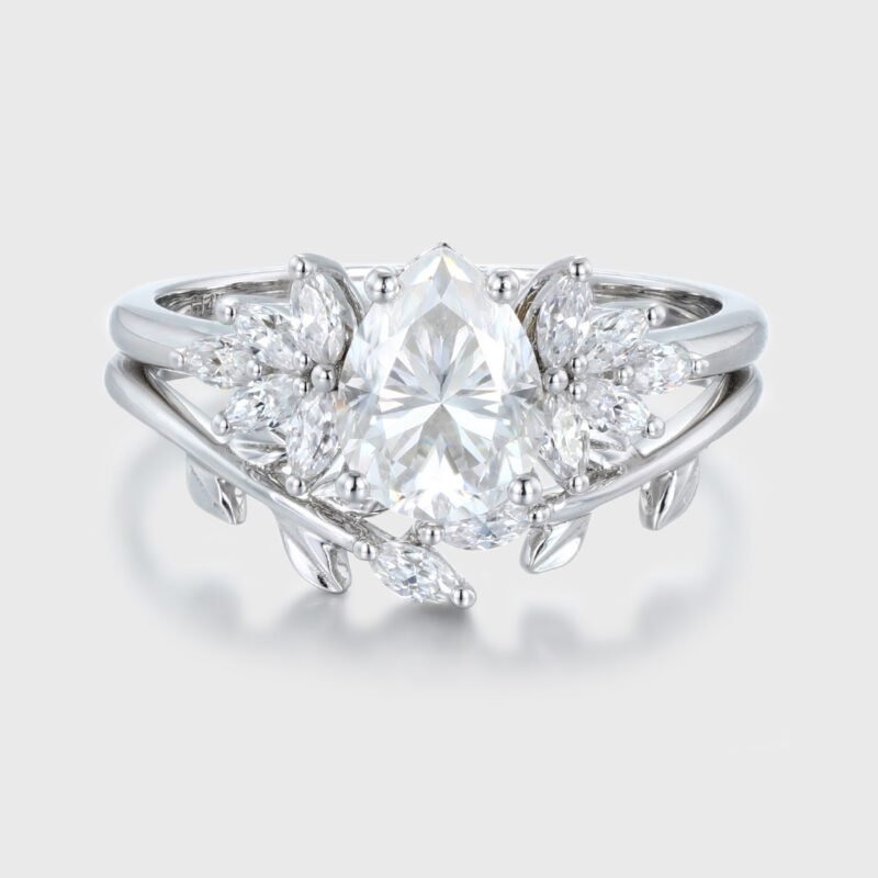 Pear shaped Moissanite engagement ring set Women white gold engagement ring Vintage marquise cluster engagement ring Bridal Promise gift