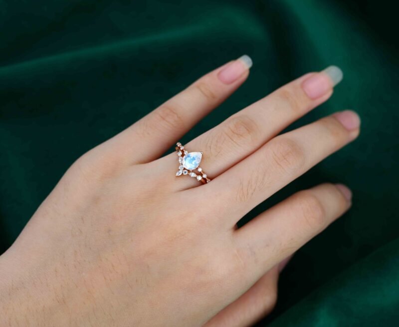 Pear shaped Moonstone engagement ring set Rose gold moissanite engagement ring Cluster ring women vintage Marquise diamond Bridal Anniversary gift