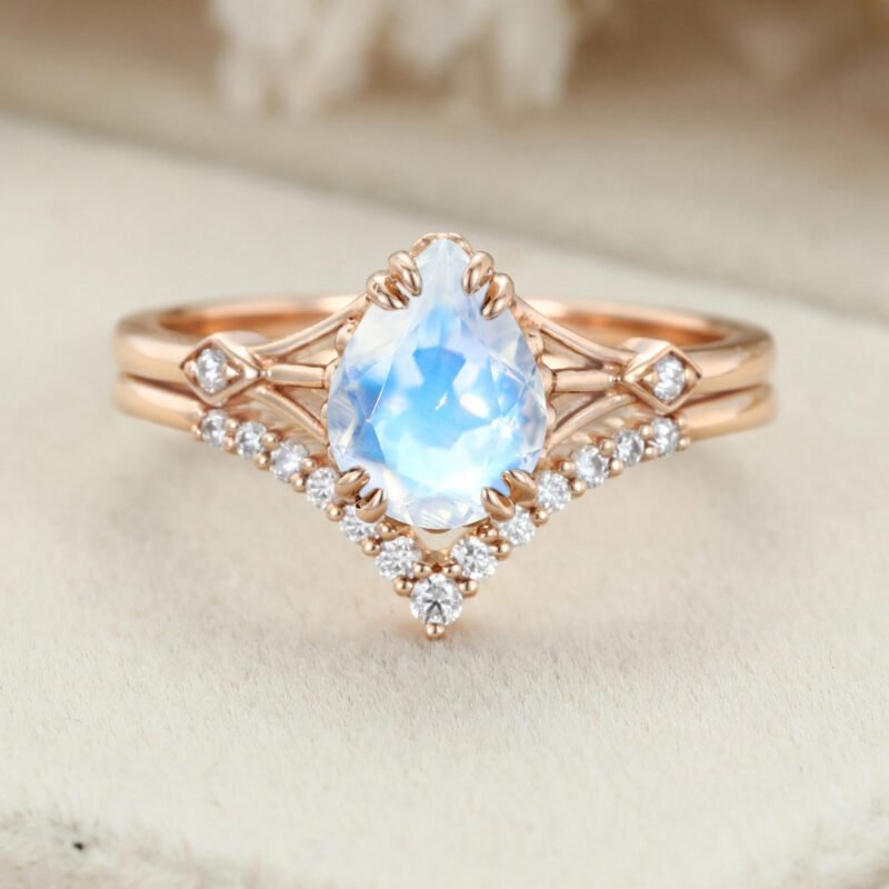 Pear shaped Moonstone engagement ring set Vintage unique Diamond Cluster Rose gold engagement ring women wedding Promise gift