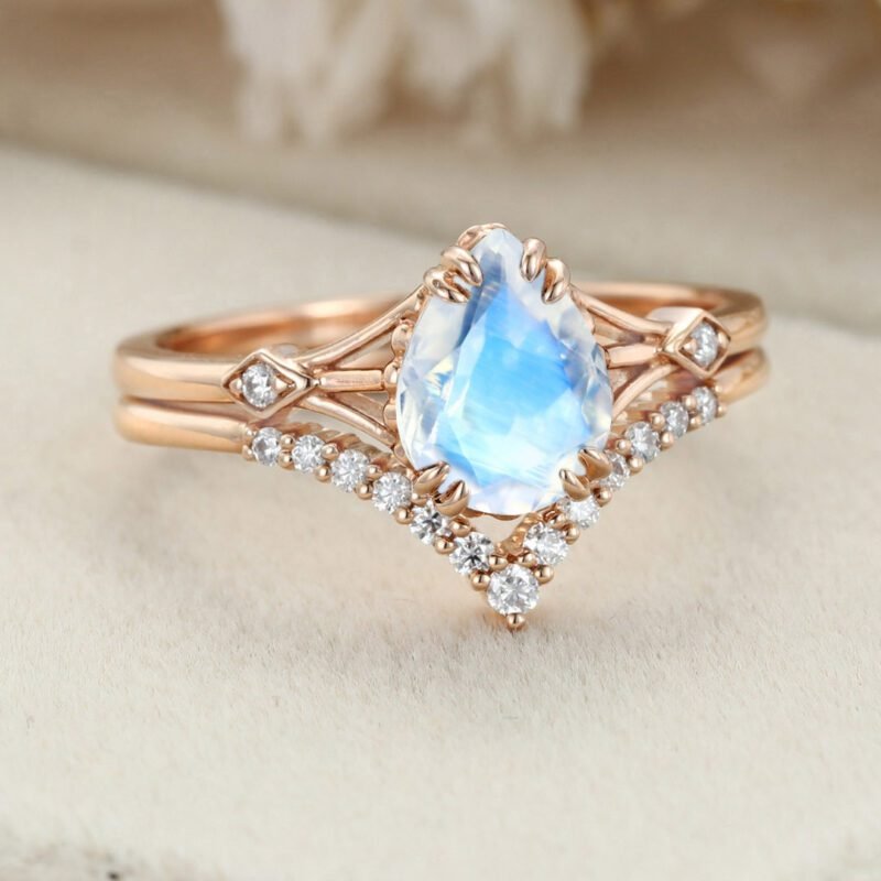 Pear shaped Moonstone engagement ring set Vintage unique Diamond Cluster Rose gold engagement ring women wedding Promise gift