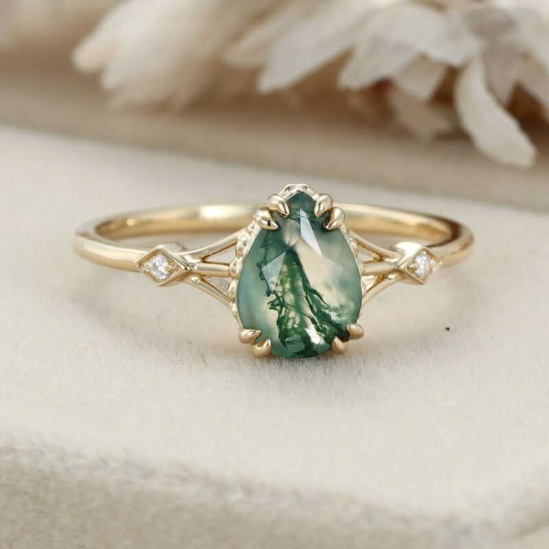 Pear shaped Moss Agate engagement ring Yellow gold engagement ring Vintage diamond engagement ring art deco ring Bridal promise Anniversary