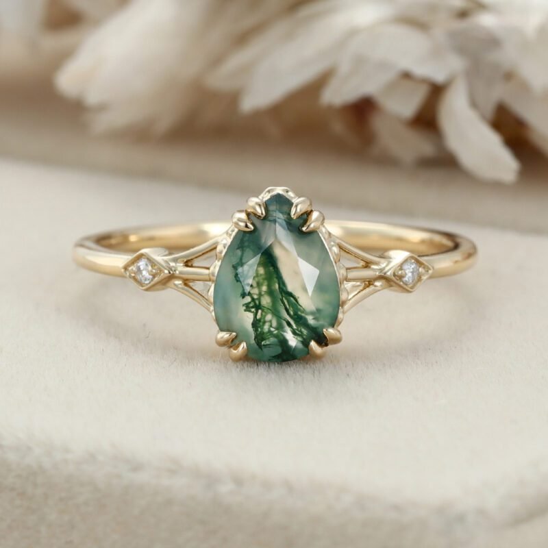 Pear shaped Moss Agate engagement ring Yellow gold engagement ring Vintage diamond engagement ring art deco ring Bridal promise Anniversary