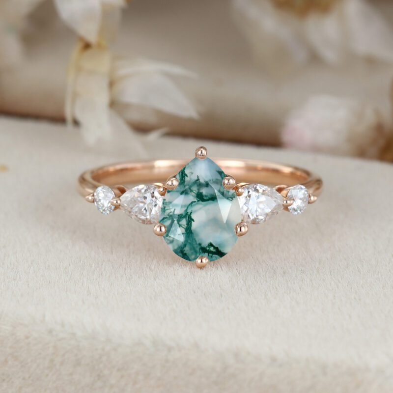 Pear shaped Natural Moss Agate engagement ring vintage Rose gold engagement ring women Diamond wedding Bridal Anniversary gift
