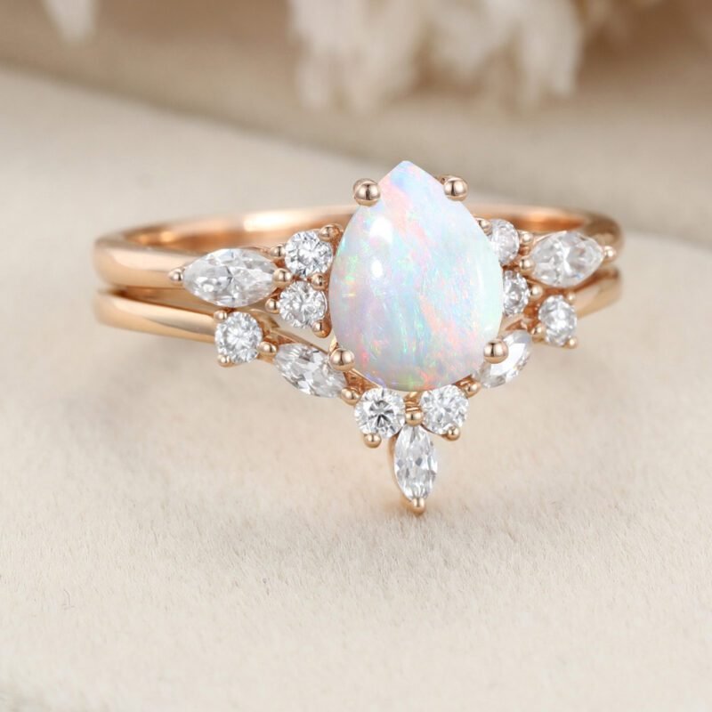Pear shaped Opal engagement ring set Rose gold Marquise Moissanite ring Vintage art deco engagement ring Promise Anniversary gift