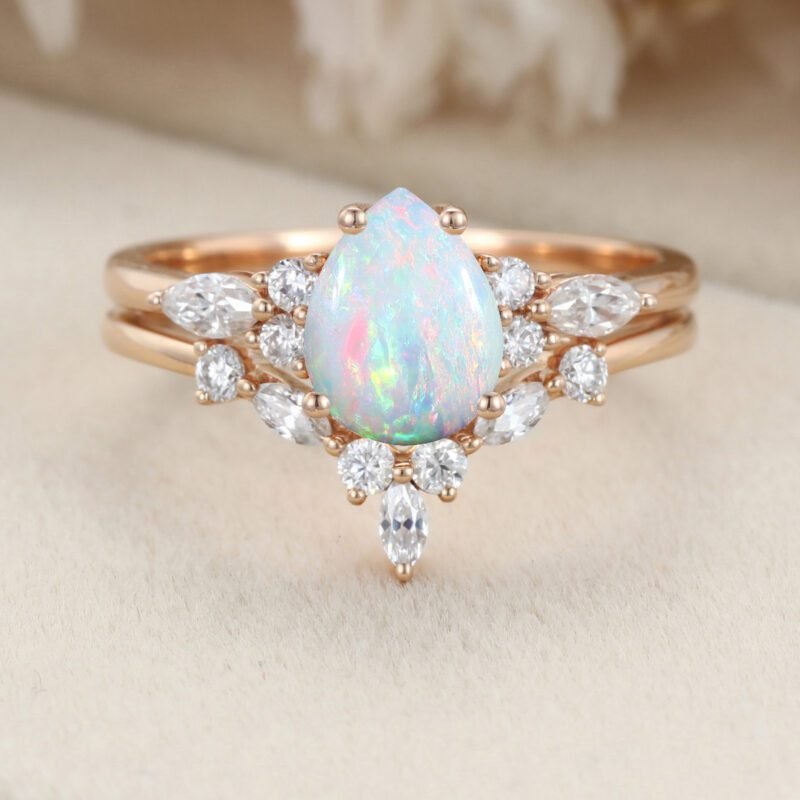 Pear shaped Opal engagement ring set Rose gold Marquise Moissanite ring Vintage art deco engagement ring Promise Anniversary gift