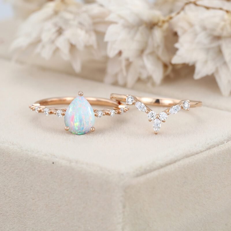 Pear shaped Opal engagement ring set Rose gold moissanite engagement ring art deco diamond ring curved wedding band Bridal Anniversary gift