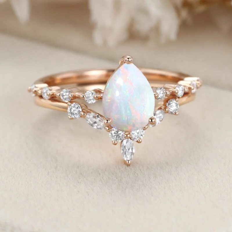 Pear shaped Opal engagement ring set Rose gold moissanite engagement ring art deco diamond ring curved wedding band Bridal Anniversary gift