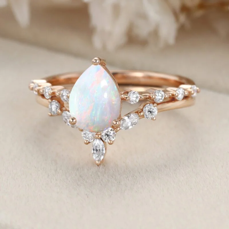 Pear shaped Opal engagement ring set Rose gold moissanite engagement ring art deco diamond ring curved wedding band Bridal Anniversary gift