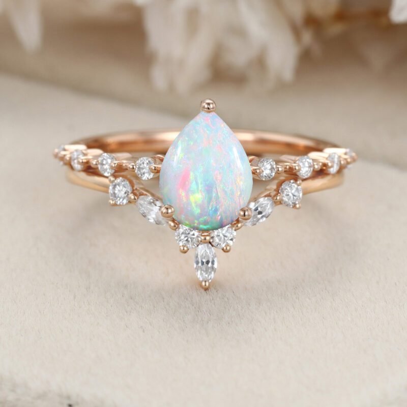 Pear shaped Opal engagement ring set Rose gold moissanite engagement ring art deco diamond ring curved wedding band Bridal Anniversary gift