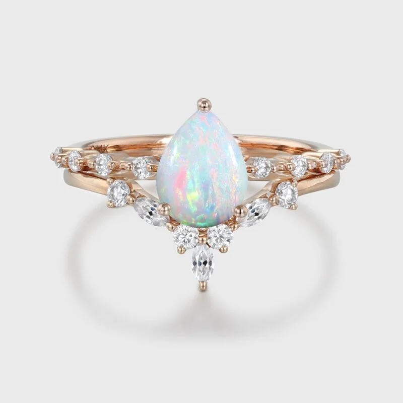 Pear shaped Opal engagement ring set Rose gold moissanite engagement ring art deco diamond ring curved wedding band Bridal Anniversary gift