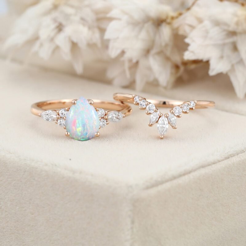 Pear shaped Opal engagement ring set Unique vintage rose gold bridal set Antique Marquise cut Diamond ring set Promise Anniversary gift
