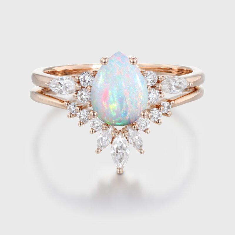 Natural Pear Cut White Opal And Diamond Bridal Set For Women Rose Gold Engagement Promise Anniversary Gift
